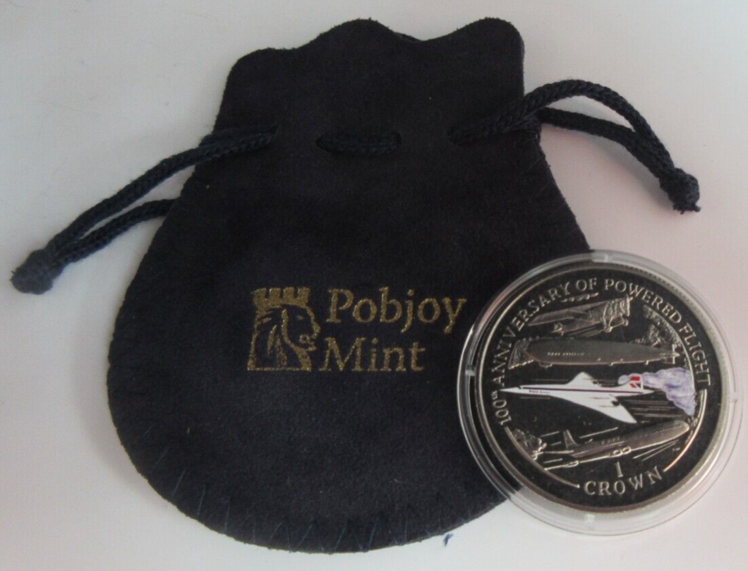 2003 100TH ANNIVERSARY OF POWERED FLIGHT COLOURED ONE CROWN COIN CAPSULE & POUCH