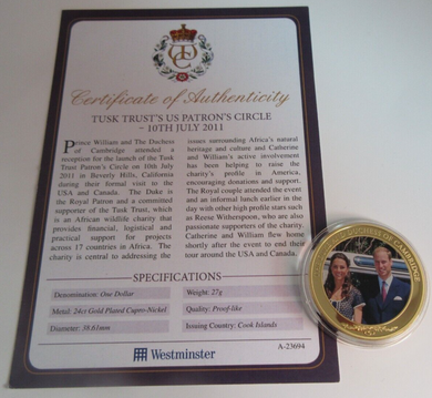 2012 TUSK TRUSTS US PATRONS CIRCLE 2011 GOLD PLATED COOK ISLANDS  $1 COIN/COA