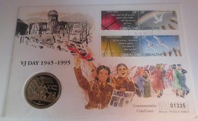 VJ Day World War II 50th Anniv Gibraltar 1995 Verenium Proof-Like £5 Coin PNC