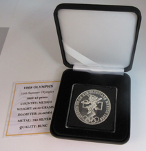 Load image into Gallery viewer, 1968 OLYMPICS 19TH SUMMER OLYMPICS MEXICO .725 SILVER 25 PESOS BU WITH BOX &amp; COA
