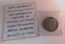 Load image into Gallery viewer, 1929 KING GEORGE V  .500 SILVER ENG 1 X ONE SHILLING COIN IN CLEAR FLIP WITH COA
