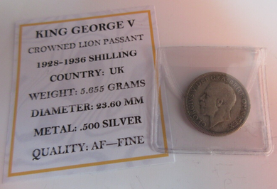 1929 KING GEORGE V  .500 SILVER ENG 1 X ONE SHILLING COIN IN CLEAR FLIP WITH COA