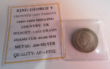 Load image into Gallery viewer, 1928 KING GEORGE V  .500 SILVER ENG 1 X ONE SHILLING COIN IN CLEAR FLIP WITH COA
