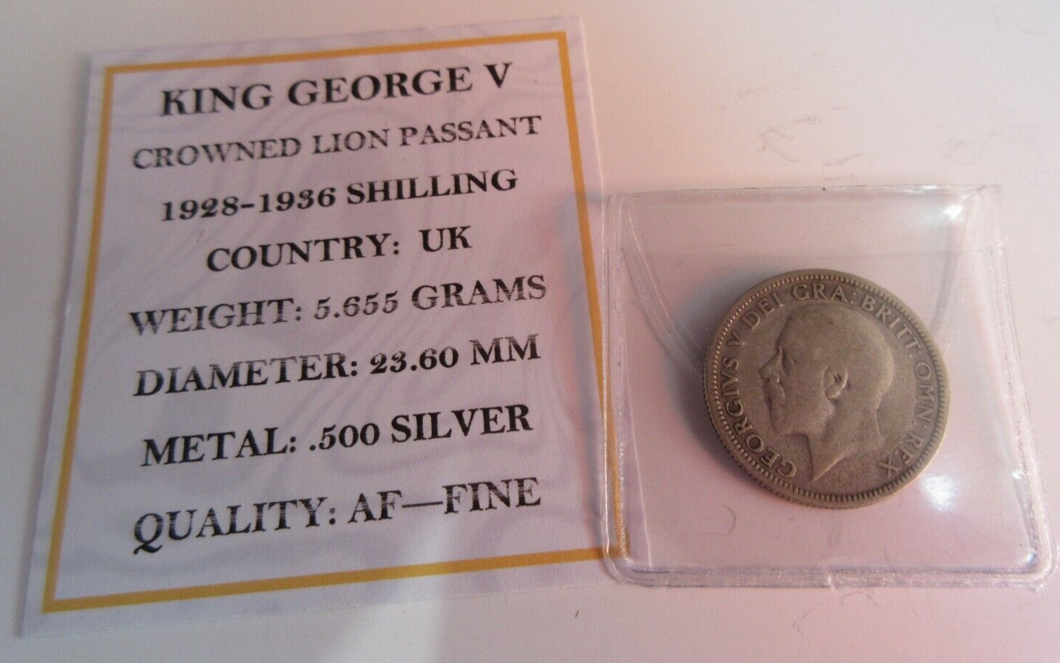 1928 KING GEORGE V  .500 SILVER ENG 1 X ONE SHILLING COIN IN CLEAR FLIP WITH COA