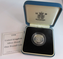 Load image into Gallery viewer, UK 1998 ROYAL MINT £1 SILVER PROOF COAT OF ARMS WITH BOX &amp; COA
