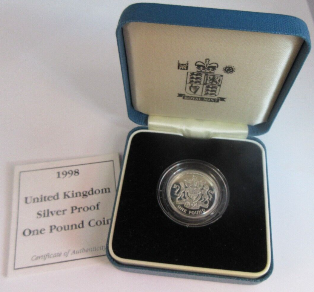 UK 1998 ROYAL MINT £1 SILVER PROOF COAT OF ARMS WITH BOX & COA