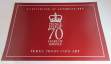 Load image into Gallery viewer, 1947-2017 HRH PRINCE PHILIP 70 YEARS OF SERVICE THREE PROOF COIN SET BOX &amp; COA
