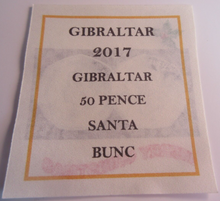 Load image into Gallery viewer, 2017 CHRISTMAS 50P FATHER CHRISTMAS BUNC GIBRALTER FIFTY PENCE COIN &amp; COA
