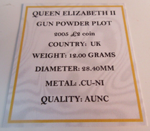 Load image into Gallery viewer, 2005 GUN POWDER PLOT £2 COIN AUNC PRESENTED IN QUAD CAPSULE WITH COA
