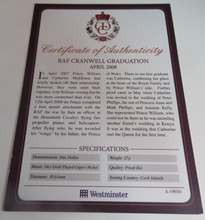 Load image into Gallery viewer, 2011 RAF CRANWELL GRADUATION APRIL 2008 GOLD PLATED COOK ISLANDS  $1 COIN/COA
