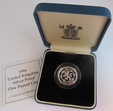 1994 LION RAMPANT SILVER PROOF £1 ONE POUND COIN BOX & COA