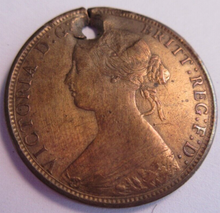 Load image into Gallery viewer, 1861 NOVA SCOTIA CANADA 1 CENT QUEEN VICTORIA TOKEN GOOD GRADE - HOLED
