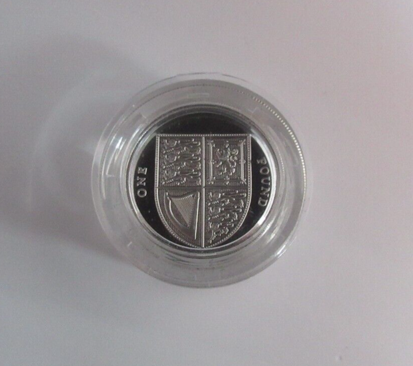 2008 Shield of Arms Silver Proof Piedfort Royal Mint £1 One Pound Coin in Cap