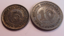 Load image into Gallery viewer, 1926 KING GEORGE V STRAITS SETTLEMENTS FIVE AUNC &amp; TEN AVF CENT COINS IN FLIP
