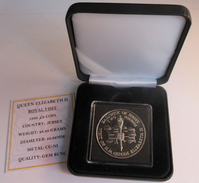 1989 QEII ROYAL VISIT GEM BUNC BAILIWICK OF JERSEY £2 TWO POUND CROWN COIN BOXED