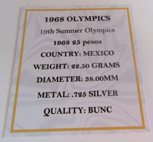 Load image into Gallery viewer, 1968 OLYMPICS 19TH SUMMER OLYMPICS MEXICO .725 SILVER 25 PESOS BU WITH BOX &amp; COA
