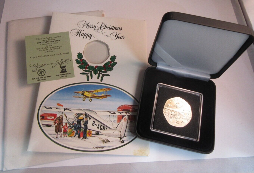 1985 QEII CHRISTMAS COLLECTION IOM BB MARK DIAMOND FINISH 50P COIN CARD BOX &COA