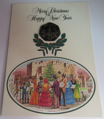 1982 QEII CHRISTMAS COLLECTION IOM AB MARK BUNC 50P COIN & CHRISTMAS CARD