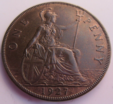 Load image into Gallery viewer, 1927 KING GEORGE V UNC ONE PENNY COIN WITH SOME LUSTRE IN CLEAR FLIP
