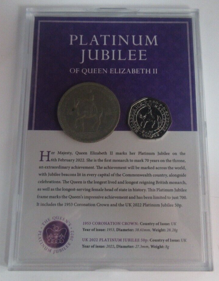 2022 Platinum Jubilee Queen Elizabeth II 1953 Crown & 50p UK Royal Mint Coins