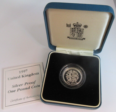 1997 LION PASSANT SILVER PROOF £1 ONE POUND COIN BOX & COA