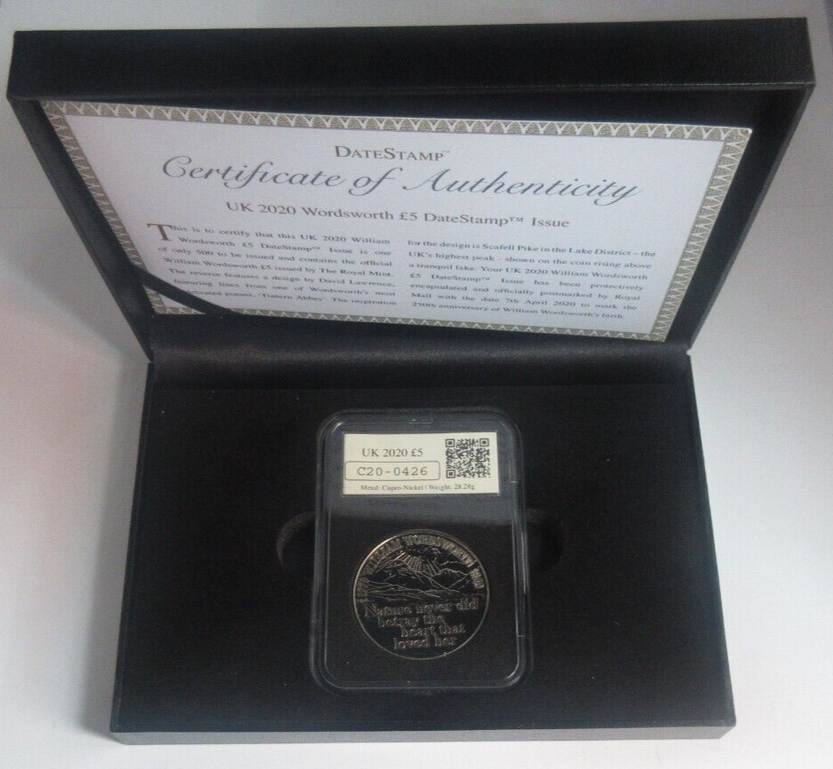 2020 William Wordsworth DateStamp UK Royal Mint BUnc £5 Coin Slabbed Box/COA