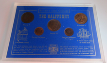 Load image into Gallery viewer, BRITAINS LOST COINAGE THE HALFPENNY UK 5 COIN SET &amp; ROYAL MINT BLUE BOOK
