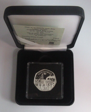 1990 Christmas Ferry Coming into Dock Isle of Man Silver Proof 50p Coin BoxCOA