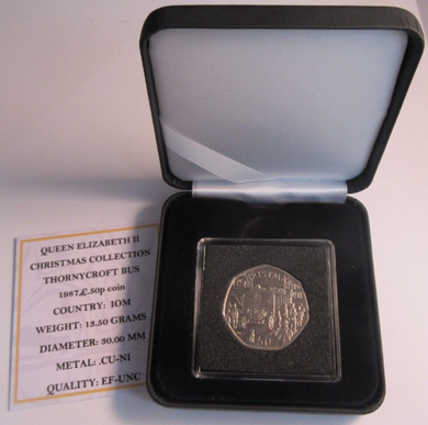 1987 QEII CHRISTMAS COLLECTION THORNEYCROFT BUS EF-UNC FIFTY PENCE COIN BOX &COA