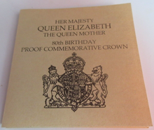 Load image into Gallery viewer, 1980 UK QUEEN ELIZABETH THE QUEEN MOTHER 80th BIRTHDAY PROOF CROWN BOX &amp; COA
