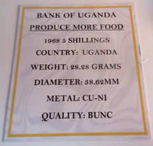 Load image into Gallery viewer, 1968 PRODUCE MORE FOOD BANK OF UGANDA FIVE SHILLING COIN BUNC WITH BOX &amp; COA
