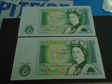 Bank of England SOMERSET UNC One Pound 2x £1 Banknotes - Consecutive Numbers AW