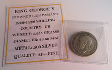 Load image into Gallery viewer, 1936 KING GEORGE V  .500 SILVER ENG 1 X ONE SHILLING COIN IN CLEAR FLIP WITH COA
