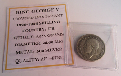 1936 KING GEORGE V  .500 SILVER ENG 1 X ONE SHILLING COIN IN CLEAR FLIP WITH COA