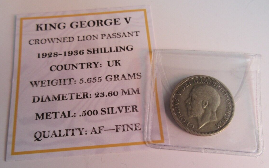 1936 KING GEORGE V  .500 SILVER ENG 1 X ONE SHILLING COIN IN CLEAR FLIP WITH COA