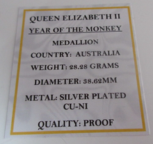 Load image into Gallery viewer, 2016 YEAR OF THE MONKEY QEII II AUSTRALIA SILVER PLATED PROOF MEDAL BOX &amp; COA
