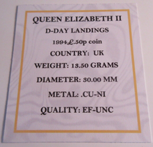 Load image into Gallery viewer, 1994 D-DAY LANDINGS EF-UNC FIFTY PENCE 50P COIN WITH CAPSULE BOX &amp; COA
