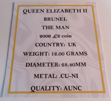 Load image into Gallery viewer, 2006 BRUNEL THE MAN £2 COIN AUNC PRESENTED IN QUAD CAPSULE &amp; COA
