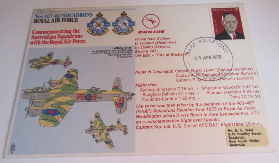 ROYAL AIR FORCE SQUADRONS FLOWN STAMP COVER- No463-467 AUSTRALIAN SQUADRONS 1975