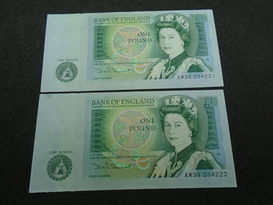 Bank of England SOMERSET UNC One Pound 2x £1 Banknotes  Consecutive Numbers AW33