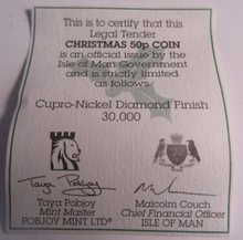 Load image into Gallery viewer, 2009 QEII CHRISTMAS COLLECTION IOM PM MARK DIAMOND FINISH 50P COIN BOX &amp; COA
