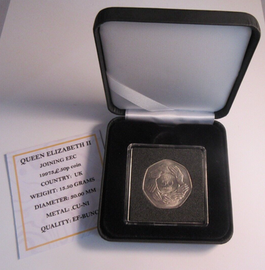 1973 QEII JOINING EEC EF-BUNC FIFTY PENCE 50P COIN WITH CAPSULE BOX & COA