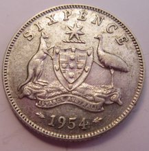Load image into Gallery viewer, QUEEN ELIZABETH II 6d SIXPENCE 1954 .500 SILVER COIN VF AUSTRALIA &amp; CLEAR FLIP

