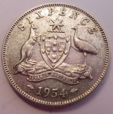 QUEEN ELIZABETH II 6d SIXPENCE 1954 .500 SILVER COIN VF AUSTRALIA & CLEAR FLIP