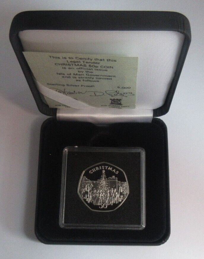 1982 Christmas Tree Carolling Isle of Man Silver Proof 50p Coin Box &COA