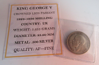 1935 KING GEORGE V  .500 SILVER ENG 1 X ONE SHILLING COIN IN CLEAR FLIP WITH COA
