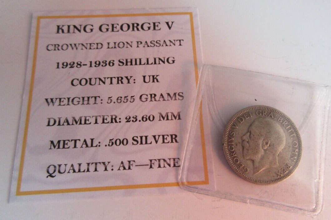 1935 KING GEORGE V  .500 SILVER ENG 1 X ONE SHILLING COIN IN CLEAR FLIP WITH COA