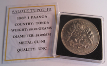 Load image into Gallery viewer, 1967 TONGA SALOTE TUPOU III UNC 1 PAANGA COIN ENCAPSULATED WITH COA
