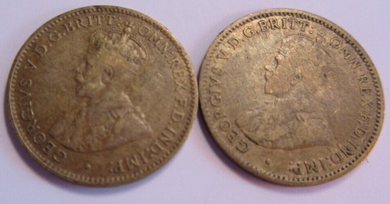 KING GEORGE V 3d WEST AFRICA TIN BRASS THREE PENCE COINS 1925 & 1926 CLEAR FLIP