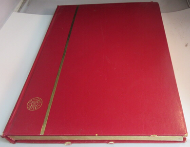 STOCK BOOK RED INCLUDES HUNDREDS OF USED STAMPS - PLEASE SEE PHOTOGRAPHS